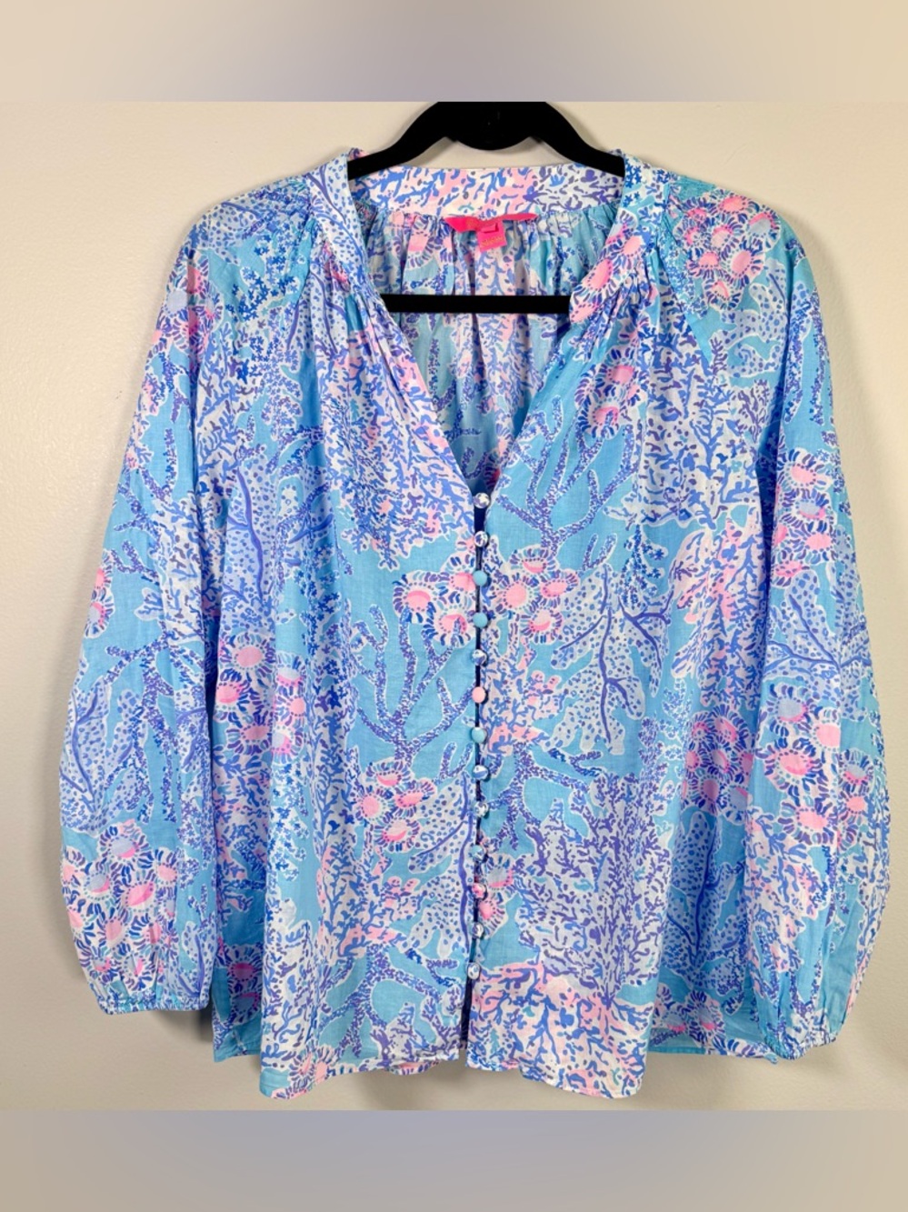 Lilly Pulitzer Coleman Top Now You See Me Blue Ibiza Button Up L 3/4 Sleeve